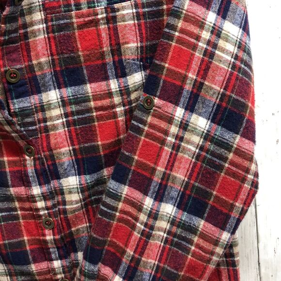 Hot & Delicious Red Blue White Plaid Flannel Shirt Medium Long Length Grunge - Picture 3 of 8